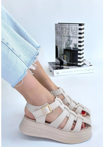 Toten Bej Cilt Kemerli Sandalet modelleri