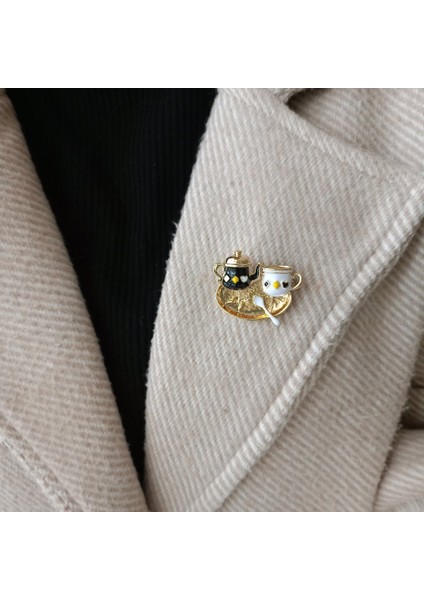 Gold Detaylı Mini Çay Seti Broş-Sevimli Çay Saati Yaka Iğnesi fırsatları