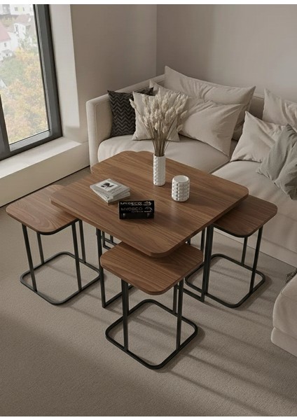 Kare Pizza Orta Sehpa Radüslü 4+1 Ceviz Renk Ahşap Yüzey