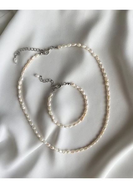 Sertifikalı Yassı Doğal Gerçek Arpa Inci Kolye Bileklik Set