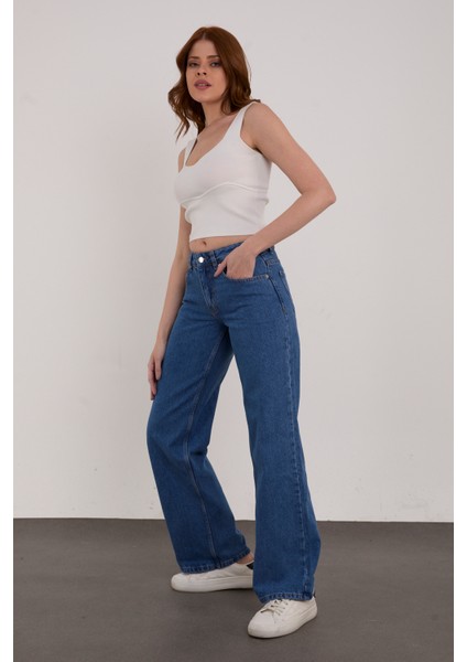 Orta Mavi Palazzo Salaş Paça Süper Yüksek Bel Jean Pantolon