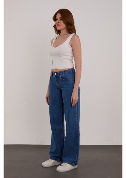Orta Mavi Palazzo Salaş Paça Süper Yüksek Bel Jean Pantolon fiyatları