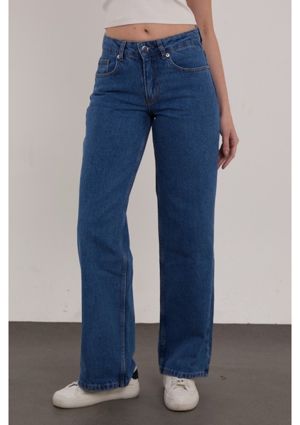 Orta Mavi Palazzo Salaş Paça Süper Yüksek Bel Jean Pantolon modelleri