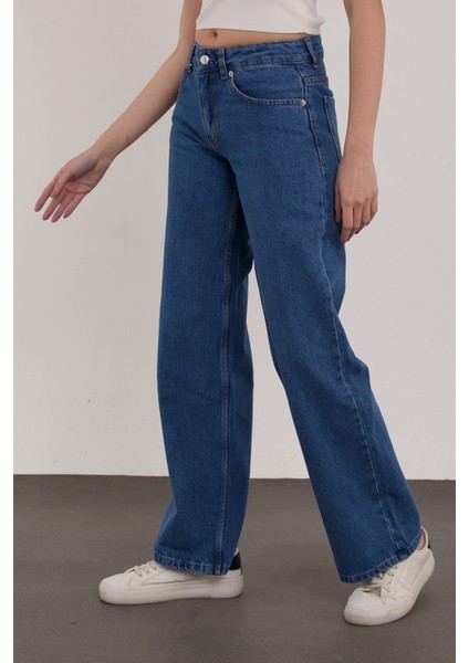 Orta Mavi Palazzo Salaş Paça Süper Yüksek Bel Jean Pantolon fırsatları