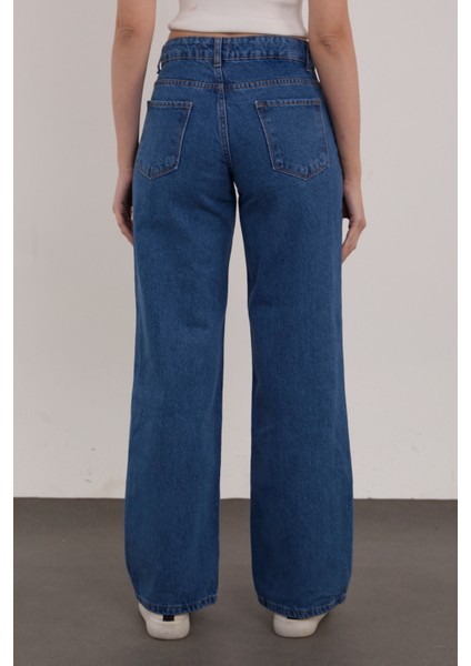 Orta Mavi Palazzo Salaş Paça Süper Yüksek Bel Jean Pantolon