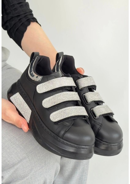 Elika Siyah Cilt Simli Cırt Cırtlı Spor Ayakkabı modelleri