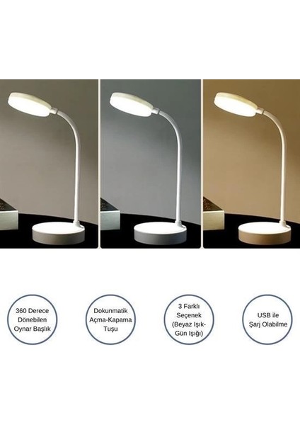 Yuvarlak Usbli Dokunmatik 3 Kademeli 360 Derece Özel Göz Korumalı LED Lityum Masa Lambası ( Lisinya )