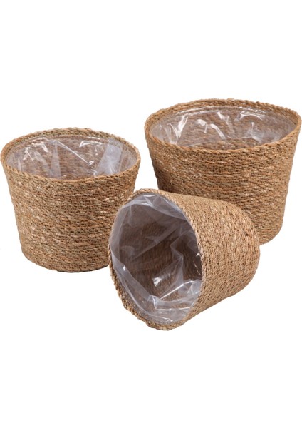 3'lü Yuvarlak Hasır Saksı Seti - Korumalı - Ev Dekorasyon