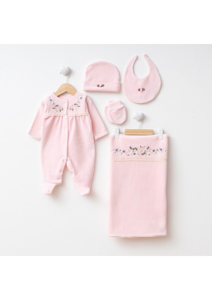 Sıralı Çiçekli Kadife %100 Pamuklu Yenidoğan Organik Hastane Çıkış Seti