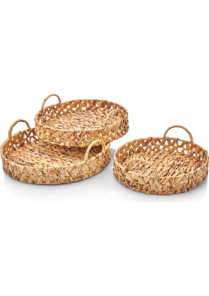 3'lü Hasır Kulplu Yuvarlak Servis ve Sunum Tepsi - Ev Mutfak Düzenleyici