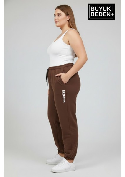 Kadın Büyük Beden Brooklyn Baskılı Paça Lastikli Jogger Ince Eşofman Altı SPR26BEAK951-2