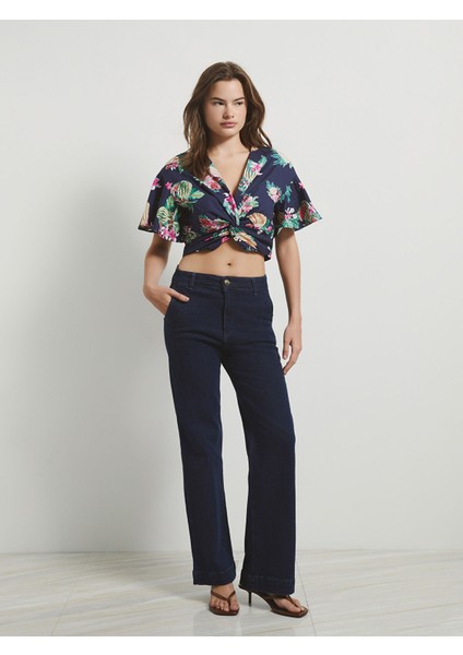 Yeni Sezon V Yaka Çiçekli Kısa Kollu Crop Kadın Bluz fiyatları