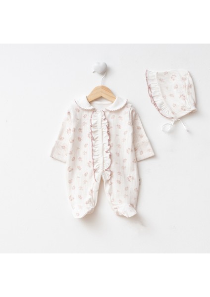 Fırfırlı Çiçek Desenli Kendinden Eldivenli Bebek Tulum Takım