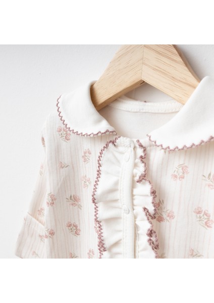 Fırfırlı Çiçek Desenli Kendinden Eldivenli Bebek Tulum Takım indirimleri