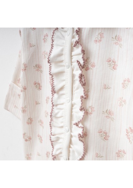 Fırfırlı Çiçek Desenli Kendinden Eldivenli Bebek Tulum Takım