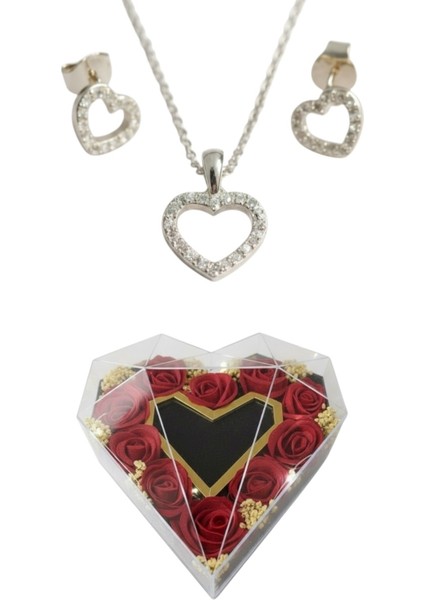 Premium Kutuda 925 Ayar Gümüş Kalp Zirkon Taşlı Set Kadın