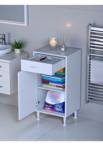 Fre 35 cm Çok Amaçlı Dolap 1 Raflı Tek Çekmeceli Banyo Mutfak Dolabı 35X88X32,5 cm Organizer Dolap
