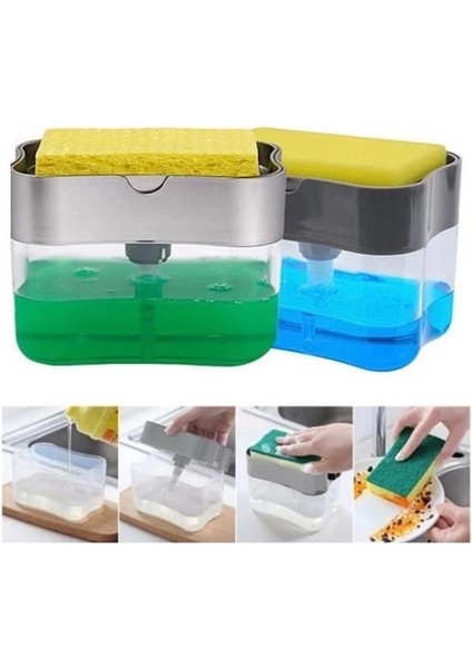Ikisi Bir Arada Basmalı Pratik Sıvı Sabunluk Pompası ve Bulaşık Yıkama Süngeri Haznesi ( Lisinya )