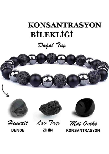 %100 Gerçek Doğal Taş Konsantrasyon Bilekliği |lav-Oniks-Hematit Doğaltaş | Hediyelik Doğaltaş
