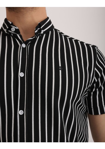 Esnek Dokulu Waffle Çizgili Kumaş Günlük Erkek Gömlek