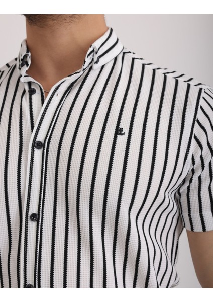 Esnek Dokulu Waffle Çizgili Kumaş Günlük Erkek Gömlek