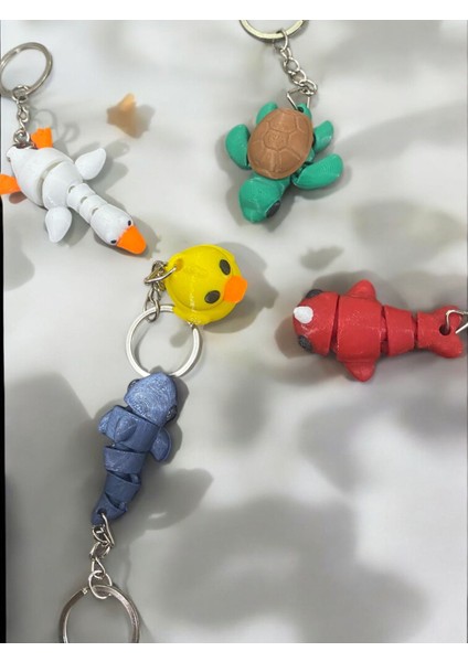 3D Baskı Sevimli Hayvan Anahtarlık Seti – Ördek, Kaplumbağa, Köpekbalığı, Kaz, Balık – 5’li Karışık Anahtarlık Seti