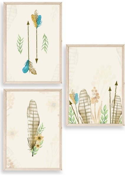 Çiçekli Desenler Üçlü Ahşap Çerçeveli Tablo