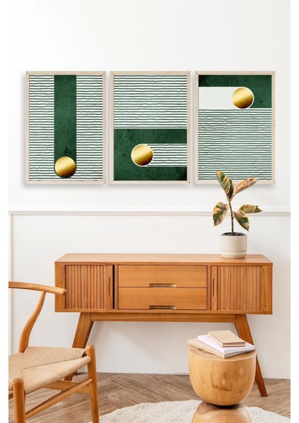 Yuvarlak Top Desenli Üçlü Ahşap Çerçeveli Tablo modelleri