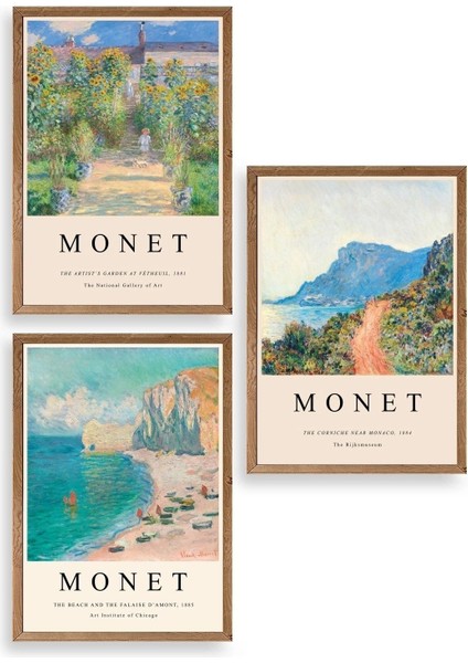 Monet Üçlü Ahşap Çerçeveli Tablo