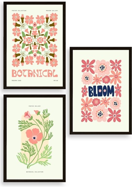 Botanik Üçlü Ahşap Çerçeveli Tablo