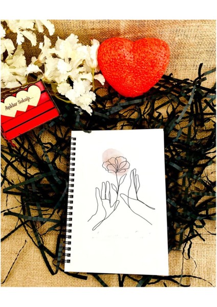 Sevgililer Günü Çiçekli El Desen Baskılı Ahşap Defter - Beyaz