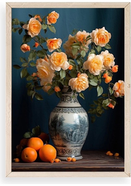 Çiçekli Vazo Ahşap Çerçeveli Tablo