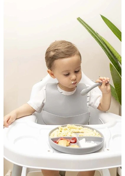 Gri 3 Lü Silikon Yemek Seti - Önlük + Diş Kaşıyıcılı Kaşık + Vakumlu Tabak ( Lisinya ) fiyatları