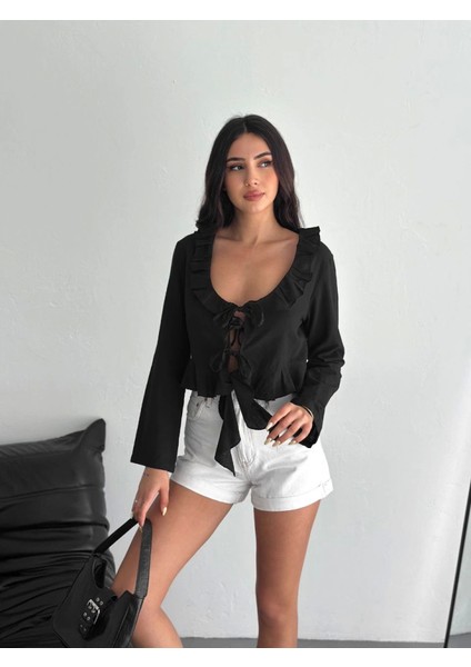 Cottonlab Keten Uzun Kol Bağacık Detaylı Bluz - Siyah