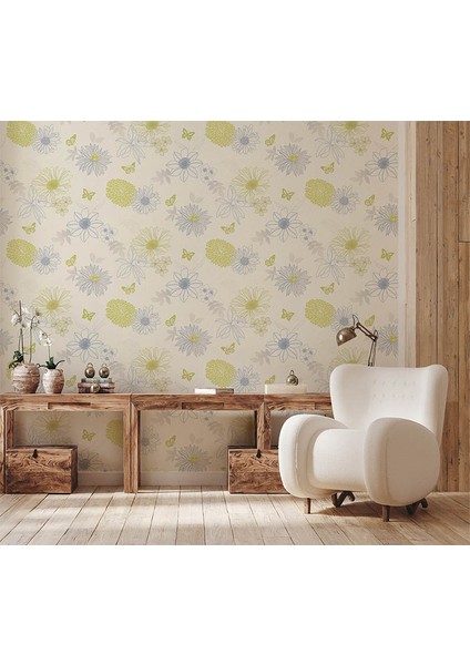 Çiçekli Kelebekli Mavi Yeşil Ucuz Duvar Kağıdı 54249