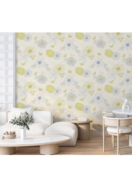Çiçekli Kelebekli Mavi Yeşil Ucuz Duvar Kağıdı 54249 fiyatları