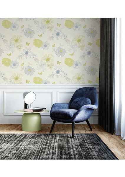 Çiçekli Kelebekli Mavi Yeşil Ucuz Duvar Kağıdı 54249 modelleri