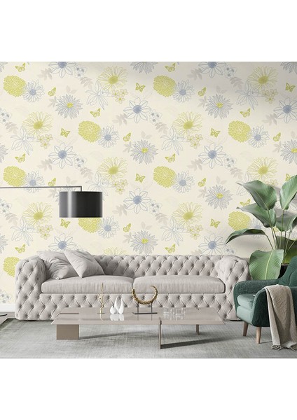 Çiçekli Kelebekli Mavi Yeşil Ucuz Duvar Kağıdı 54249 fırsatları