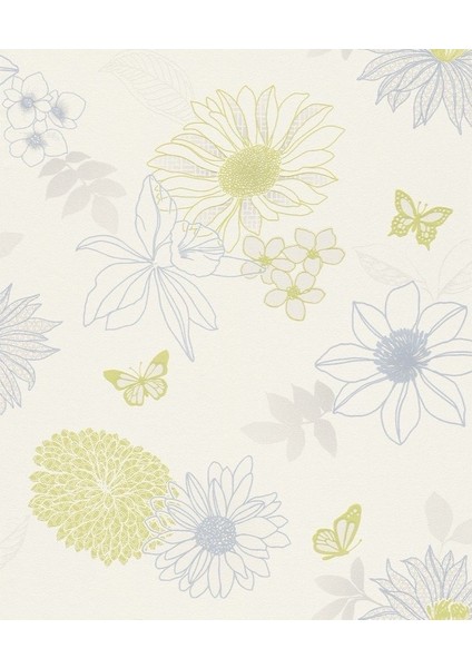 Çiçekli Kelebekli Mavi Yeşil Ucuz Duvar Kağıdı 54249 indirimleri
