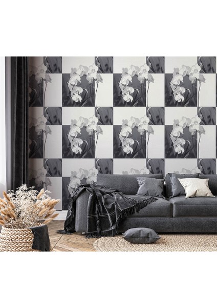 Orkideli Beyaz Gri Desen Duvar Kağıdı 53011