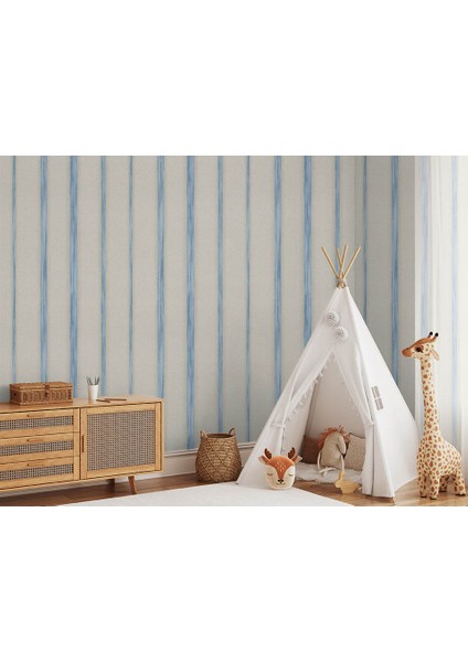 Mavi Krem Çizgili Duvar Kağıdı 53253 modelleri