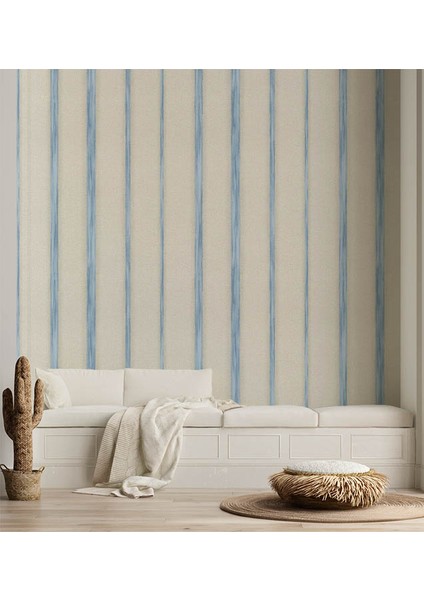 Mavi Krem Çizgili Duvar Kağıdı 53253 fırsatları
