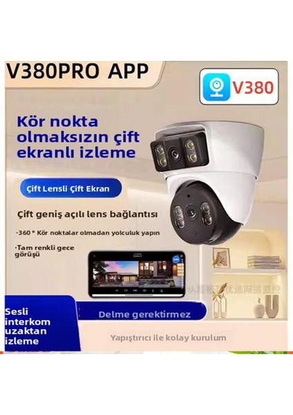 Çift Ekranlı Kablosuz Wifi Iç Mekan Güvenlik Kamerası – Tavana Monte Edilen Kurulum, Zahmetsiz Kurulum Için Delme Gerektirmez. 8 Megapiksel Çözünürlük ve Sıfır Kör Nokta Özelliğine Sahiptir