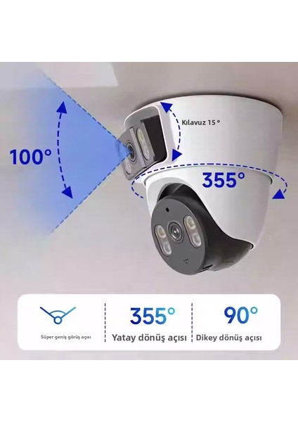 Çift Ekranlı Kablosuz Wifi Iç Mekan Güvenlik Kamerası – Tavana Monte Edilen Kurulum, Zahmetsiz Kurulum Için Delme Gerektirmez. 8 Megapiksel Çözünürlük ve Sıfır Kör Nokta Özelliğine Sahiptir