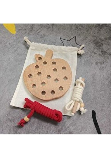 Elma İp Geçirme Oyunu 1 Parça Masif Ahşap Eğitici Montessori Tasarım fırsatları