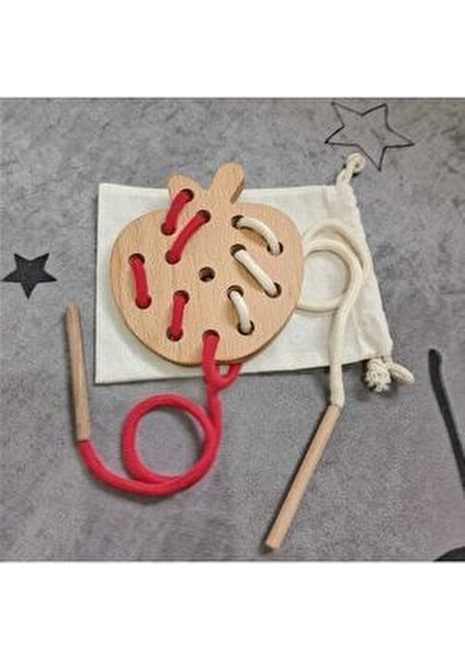 Elma İp Geçirme Oyunu 1 Parça Masif Ahşap Eğitici Montessori Tasarım indirimleri