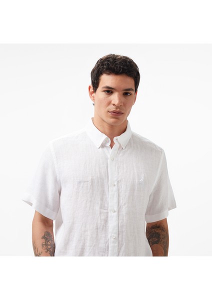 Erkek Beyaz Classic Fit Kısa Kollu Keten Gömlek W35100T.1BW