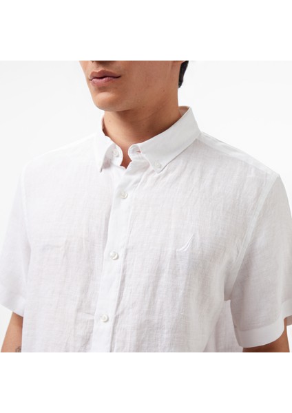 Erkek Beyaz Classic Fit Kısa Kollu Keten Gömlek W35100T.1BW