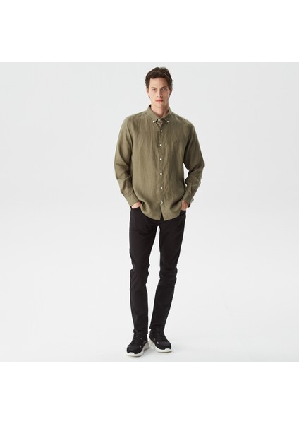 Erkek Yeşil Classic Fit Uzun Kollu Keten Gömlek W35101T.3BP