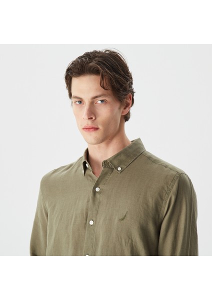 Erkek Yeşil Classic Fit Uzun Kollu Keten Gömlek W35101T.3BP